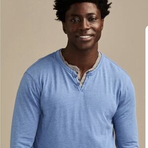 NWT Lucky Brand Mens Heather Blue Venice Burnout Notch Neck Long Sleeve Size S